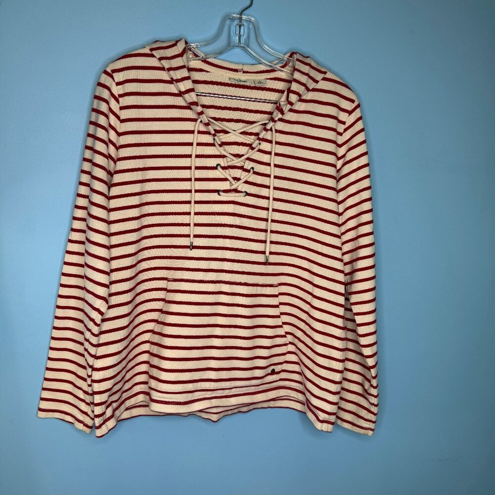 Red and Cream Striped Cotton Pullover Hoodie with Lacing - L - Picture 3 of 9